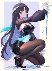  1girl absurdres artezahn artist_name black_hair black_pantyhose black_shoes black_thighhighs blue_eyes blunt_bangs blush breasts cleavage colored_inner_hair commentary dated english_commentary from_side full_body hair_ornament hand_up head_ornament headpiece high_heels highres honkai:_star_rail honkai_(series) hysilens_(honkai:_star_rail) instagram_logo long_hair long_sleeves looking_at_viewer medium_breasts multicolored_hair pantyhose parted_lips pixiv_logo puffy_long_sleeves puffy_sleeves purple_hair shoes solo squatting thighhighs twitter_logo very_long_hair water 
