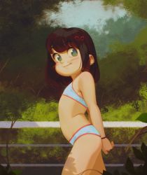 1girl alkemanubis arms_behind_back bikini blue_bikini blush_stickers brown_hair closed_mouth commentary english_commentary female_focus flat_chest green_eyes highres loli looking_at_viewer midriff original outdoors short_hair smile solo swimsuit upper_body rating:Questionable score:222 user:danbooru