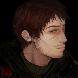  1boy afraid_of_monsters beard_stubble black_background black_hoodie brown_eyes brown_hair ch1ckenpretz david_leatherhoff expressionless facial_hair from_side highres hood hoodie leukocoria looking_at_viewer portrait scar scar_on_face scar_on_neck short_hair stubble 