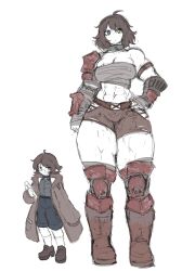  1boy 1girl abs absurdres ahoge bandaged_chest blue_eyes breasts cleavage coat full_body green_eyes hetero highres large_breasts looking_at_viewer medium_breasts muscular muscular_female navel pointy_ears sheepapp siblings size_difference sketch standing tall_female thick_thighs thighhighs thighs white_background zettai_ryouiki  rating:Sensitive score:5 user:Orphan_crippler