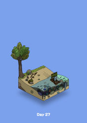 absurdres beach blue_background commentary_request coral diorama fish gozz highres holding holding_oar isometric oar original palm_leaf raft rowing sailing tree rating:General score:0 user:danbooru