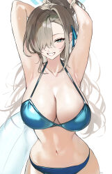  1girl absurdres alternate_costume alternate_hairstyle armpits arms_up asuna_(blue_archive) bikini blue_archive blue_bikini blue_ribbon blush breasts brown_hair cleavage collarbone commentary hair_intakes hair_over_one_eye haze_(ohw8g) highres large_breasts long_hair looking_at_viewer navel ribbon simple_background smile solo swimsuit transparent_innertube upper_body very_long_hair wet white_background  rating:Sensitive score:25 user:danbooru