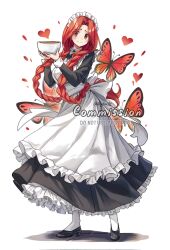  1girl alternate_costume apron black_dress black_footwear bowl braid bug butterfly dress english_text fairy_tail flare_corona full_body heart high_heels highres holding holding_bowl insect long_hair looking_at_viewer maid maid_apron maid_headdress pantyhose red_butterfly red_eyes red_hair reytsu simple_background solo twin_braids very_long_hair watermark white_background white_pantyhose 