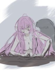  1girl breasts character_name commentary completely_nude dirty dirty_arm dirty_face elf elysia_(honkai_impact) english_commentary hair_censor hair_over_breasts highres honkai_(series) honkai_impact_3rd keikeiis large_breasts long_hair nude pink_hair pointy_ears purple_eyes solo tombstone very_long_hair 