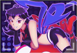  1girl alternate_costume asymmetrical_wings bare_shoulders belt black_gloves black_hair black_shirt black_skirt black_thighhighs blue_trim blue_wings boots border breasts commentary commentary_request crop_top dotted_background elbow_gloves english_commentary fang full_body garter_straps gloves grin head_on_hand high_heels highres houjuu_nue long_hair looking_at_viewer lying medium_breasts midriff miniskirt mixed-language_commentary on_stomach purple_background red_boots red_eyes red_trim red_wings shirt side_slit skindentation skirt sleeveless sleeveless_shirt smile solo superchrim thighhighs thighs touhou two-tone_wings undefined_fantastic_object white_belt white_border wings 