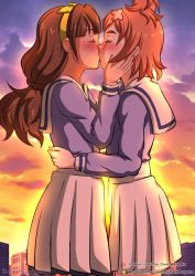  2girls amanogawa_kirara blue_serafuku blush brown_hair building city cloud couple closed_eyes female_focus from_side go!_princess_precure hair_ornament hairband hand_on_another&#039;s_cheek hand_on_another&#039;s_face hand_up haruno_haruka hug kiss long_hair long_sleeves multiple_girls orange_hair outdoors pleated_skirt precure sailor_collar school_uniform serafuku short_hair skirt sky standing sunset tagme the_dark_mangaka twilight white_sailor_collar yellow_hairband yuri  rating:Sensitive score:88 user:Recoil