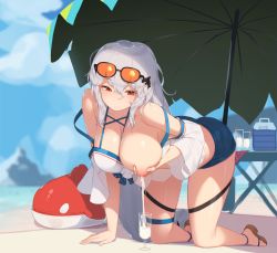  1girl all_fours alternate_costume arknights bare_shoulders beach breasts breasts_squeezed_together cleavage closed_mouth grabbing_own_breast hair_between_eyes hand_on_own_chest highres lactation large_breasts long_hair looking_down milk milking nipples outdoors pepper0 red_eyes sandals short_shorts shorts silver_hair skadi_(arknights) skadi_(waverider)_(arknights) solo sunglasses sunglasses_on_head thigh_strap  rating:Questionable score:396 user:milkypuppy