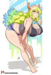 1girl bare_legs barefoot baseball_cap bayeuxman bent_over bikini bikini_top_only bikini_under_clothes blonde_hair blue_background blue_hair blush border breasts covered_erect_nipples curvy denim denim_shorts dragon_horns feet full_body gradient_background gradient_hair green_eyes green_hair hat heterochromia highres horns kobayashi-san_chi_no_maidragon large_breasts lips long_hair looking_at_viewer lucoa_(maidragon) monster_girl multicolored_eyes multicolored_hair see-through_clothes shorts sleeveless solo swimsuit tank_top thong thong_bikini toes v very_long_hair white_border wide_hips yellow_eyes  rating:Questionable score:179 user:DarkToonLink
