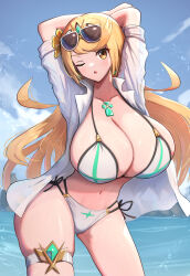  1girl absurdres bikini breasts gonzarez highres large_breasts mythra_(xenoblade) solo swimsuit xenoblade_chronicles_(series) xenoblade_chronicles_2  rating:Sensitive score:1 user:RIG