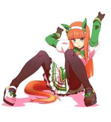  1girl animal_ears aqua_eyes arms_up black_pantyhose ear_covers gloves highres horse_ears horse_girl horse_tail long_hair looking_at_viewer orange_hair pantyhose silence_suzuka_(umamusume) simple_background sitting skirt solo syasyajin tail umamusume white_background 