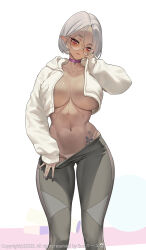  1girl absurdres breasts collar cowboy_shot dark-skinned_female dark_skin elf glasses grey_pants highres long_sleeves looking_at_viewer navel no_bra open_clothes open_shirt original pants pointy_ears red_eyes shirt solo suerte sweatpants tattoo undressing white_hair white_shirt 