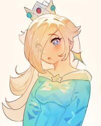  1girl :o aisha_(greenroze2) blonde_hair blue_dress blue_eyes brooch commentary crown dress earrings english_commentary eyelashes eyes_visible_through_hair hair_over_one_eye highres jewelry long_hair long_sleeves mario_(series) nintendo open_mouth rosalina solo star-shaped_pupils star_(symbol) star_brooch star_earrings symbol-shaped_pupils upper_body white_background 