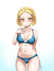  1girl blonde_hair blue_bra blue_panties blush bra braid breasts closed_mouth collarbone commentary_request cowboy_shot crown_braid gradient_background green_eyes hair_ornament hairclip hand_on_own_chest highres looking_at_viewer medium_breasts navel nintendo panties parted_bangs pointy_ears princess_zelda short_hair solo standing stomach the_legend_of_zelda the_legend_of_zelda:_tears_of_the_kingdom underwear underwear_only wasabi_(legemd) 