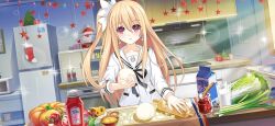  1girl :o blonde_hair blush cheese christmas_ornaments date_a_live date_a_live:_spirit_pledge dutch_angle earrings flour food game_cg gekijouban_date_a_live:_mayuri_judgement hair_between_eyes heavy_lens_flare indoors jar jewelry ketchup_bottle kitchen lens_flare long_hair long_sleeves looking_at_viewer mayuri_(date_a_live) milk_carton official_art one_side_up open_mouth oven pumpkin purple_eyes refrigerator rolling_pin school_uniform solo third-party_source 
