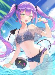  1girl :d alternate_costume animal_ears bibi_(tokoyami_towa) bikini black_bikini blurry blurry_background breasts center-flap_bangs cherry_earrings cloud colored_inner_hair commentary day demon_girl demon_tail double-parted_bangs earrings fangs food-themed_earrings food_themed_earrings frilled_bikini frills gradient_hair green_eyes hair_ornament hairclip hand_up hashtag-only_commentary highleg highleg_bikini highres hololive jewelry long_hair looking_at_viewer multi-strapped_bikini_bottom multicolored_hair nail_polish nametakeko navel_piercing o-ring o-ring_bikini open_mouth outdoors partially_underwater_shot piercing pink_hair pointy_ears purple_hair small_breasts smile solo streaked_hair swimsuit tail tail_ornament tail_piercing teeth tokoyami_towa twintails upper_teeth_only virtual_youtuber wading water 