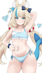 1girl :3 absurdres ahoge aidoruhakase animal_ear_fluff animal_ears arm_behind_head arm_up armpits bikini blonde_hair blue_bikini blue_bow blue_eyes blue_hair blunt_bangs bow cat_ears closed_eyes closed_mouth commentary cowboy_shot denim english_commentary fang fins fish_girl fish_tail flat_chest frilled_bikini frills hair_bow highleg highleg_bikini highres indie_virtual_youtuber lifebuoy_hair_ornament long_hair looking_at_viewer low_twintails multicolored_hair navel one_side_up sameko_saba scrunchie side-tie_bikini_bottom simple_background skin_fang sleeveless solo spread_navel stomach streaked_hair striped_bikini striped_clothes swimsuit tail twintails v very_long_hair virtual_youtuber white_background wrist_scrunchie 