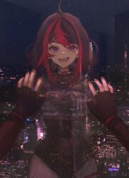 1girl absurdres ahoge black_gloves black_hair black_leotard black_pantyhose black_skirt breasts cityscape elbow_gloves fingerless_gloves gloves gx_aura highres large_breasts leotard looking_at_viewer medium_hair multicolored_hair night night_sky open_mouth opera_gx pantyhose purple_eyes red_hair reflection skirt sky smile solo star_(sky) starry_sky streaked_hair taku_artworks virtual_youtuber rating:Sensitive score:9 user:danbooru