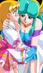  2girls anna_miller aqua_hair blonde_hair blue_eyes bow braid breasts carrera choker cleavage closed_mouth crying crying_with_eyes_open dress game_cg glasses hand_on_another&#039;s_shoulder hands_on_another&#039;s_crotch jewelry karin_(viper) lips long_hair looking_at_another multiple_girls open_mouth pink_bow purple_footwear purple_thighhighs rimless_eyewear round_eyewear sogna tears thighhighs twin_braids twintails very_long_hair viper_(series) viper_gtb waitress yuri 