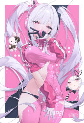  1girl absurdres alice_(nikke) animal_ear_headphones animal_ears asymmetrical_gloves black_gloves black_panties blush bodysuit border breasts commentary_request covering_own_mouth fake_animal_ears gloves goddess_of_victory:_nikke headphones headset highres infinity_(kkx132) large_breasts latex latex_bodysuit long_hair long_sleeves looking_at_viewer mirror mismatched_gloves open_mouth outside_border panties pink_bodysuit pink_eyes pink_gloves pink_hair pink_shrug revealing_layer shrug_(clothing) skin_tight thighs twintails underwear v white_border white_gloves white_hair 