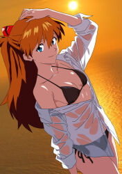  1girl bare_legs bare_shoulders beach bikini black_bikini blue_eyes breasts brown_hair cleavage dutch_angle evening hand_in_own_hair happy jaaaan long_hair midriff neon_genesis_evangelion ocean outdoors see-through_clothes see-through_shirt shiny_skin shirt side-tie_bikini_bottom simple_background small_breasts smile solo souryuu_asuka_langley standing swimsuit thighs two_side_up wide_hips 