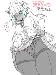 1girl aqua_eyes black_sclera blue_eyes blunt_bangs blush breasts character_name clothes_lift colored_eyelashes colored_sclera covered_erect_nipples dark-skinned_female dark_skin date_pun dragon_girl dragon_horns dragon_tail dragon_wings embarrassed eyelashes female_focus food_print frilled_shirt frills front-seamed_legwear fruit_print gradient_eyes green_eyes greyscale hair_ribbon hatching_(texture) horns impossible_clothes impossible_shirt jin_(mugenjin) kokuryuu-chan lifting_own_clothes long_hair meme_attire mini_wings monochrome multicolored_eyes neck_ribbon nose_blush number_pun original panties panties_under_pantyhose pantyhose pantyshot partially_colored ponytail print_panties ribbon seamed_legwear shirt simple_background sketch skirt skirt_lift slit_pupils solo spiked_hair spot_color standing strawberry_panties strawberry_panties_day strawberry_print tail thighband_pantyhose translated underwear upskirt virgin_killer_outfit wavy_mouth white_background wings