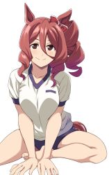  1girl animal_ears barefoot blue_buruma bow brown_eyes brown_hair buruma drill_hair ear_bow gym_shirt gym_uniform hair_between_eyes highres horse_ears horse_girl horse_tail long_hair norn_ace_(umamusume) ponzu_rui shirt side_drill side_ponytail simple_background sitting smile solo t-shirt tail umamusume umamusume:_cinderella_gray white_background white_shirt 