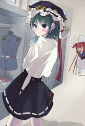  2girls black_skirt blood blue_eyes blush commentary_request eik_s2 frilled_hat frills green_hair hair_bobbles hair_ornament hat highres indoors looking_at_viewer medium_hair multiple_girls nosebleed onozuka_komachi red_hair ribbon-trimmed_skirt ribbon_trim shiki_eiki short_hair skirt solo_focus sweatdrop touhou two_side_up yuri 