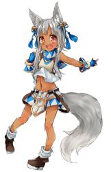  1girl animal_ears bell blue_gloves blue_ribbon blue_shirt blush boots brown_boots chest_guard commentary_request dark-skinned_female dark_skin fingerless_gloves fox_ears fox_girl fox_tail full_body gloves grey_hair hair_bell hair_ornament hair_ribbon jingle_bell long_hair looking_at_viewer meiko_(nattu303) midriff navel open_mouth ragnarok_online red_eyes ribbon shirt shorts sidelocks simple_background sleeveless sleeveless_shirt smile socks solo super_novice_(ragnarok_online) tail turtleneck turtleneck_shirt two-tone_shirt white_background white_shirt white_shorts white_socks 