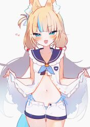 1girl absurdres ahoge animal_ear_fluff animal_ears bikini bikini_under_clothes bikini_under_shorts blonde_hair blue_eyes blue_hair blue_sailor_collar blush cat_ears clothes_lift commentary cowboy_shot dress dress_lift fang fins fish_girl fish_tail hair_ornament heart highleg highleg_bikini highres indie_virtual_youtuber lifting_own_clothes long_hair looking_at_viewer low_twintails meiwowowo multicolored_hair navel one_side_up open_fly open_mouth sailor_collar sailor_dress sameko_saba short_shorts shorts side-tie_bikini_bottom simple_background skin_fang sleeveless sleeveless_dress smile solo standing streaked_hair striped_bikini striped_clothes swimsuit symbol-only_commentary tail thigh_gap twintails very_long_hair virtual_youtuber white_background white_dress white_shorts 
