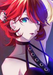  1girl alternate_costume blonde_hair blue_eyes ear_piercing freckles hair_between_eyes highres looking_at_viewer mela_(pokemon) multicolored_hair nintendo open_mouth piercing pokemon pokemon_sv red_hair red_lips saotome_(neptune_0416) short_hair sleeveless solo two-tone_hair upper_body 