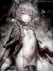  1girl animal_ears azur_promilia bilibili_username blue_eyes blush braid breasts china_dress chinese_clothes chinese_commentary cleavage_cutout closed_mouth clothing_cutout commentary_request covered_navel diamond_cutout dress greyscale heart highres kupa_(jesterwii) long_hair luruka_(azur_promilia) monochrome paid_reward_available pelvic_curtain small_breasts smile solo spot_color twin_braids 