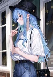  1girl bag belt black_belt black_hat blue_eyes blue_hair blue_pants closed_mouth denim earrings handbag hat highres hololive hoshimachi_suisei index_finger_raised jeans jewelry light_particles long_hair orange_nails pants sa-ya2 shirt shirt_tucked_in short_sleeves smile solo star_(symbol) star_in_eye symbol_in_eye very_long_hair virtual_youtuber white_shirt 