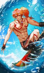  1boy abs absurdres arm_tattoo armlet baksangcheol_e blonde_hair blue_sky braid chest_tattoo commentary_request earrings facial_tattoo gold_earrings gold_necklace gradient_hair hair_between_eyes highres honkai:_star_rail honkai_(series) jewelry korean_commentary male_focus male_swimwear medium_hair multicolored_hair mydei_(honkai:_star_rail) necklace ponytail red_hair red_tattoo side_braid sky solo surfboard surfing swim_trunks tattoo toned toned_male yellow_eyes 