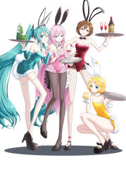  4girls absurdres alternate_costume animal_ears aqua_eyes aqua_hair aqua_leotard black_shoes blonde_hair blue_eyes bottle brown_eyes brown_hair bunny_day cup drinking drinking_glass drinking_straw drinking_straw_in_mouth fake_animal_ears fishnet_pantyhose fishnet_thighhighs fishnets fur-trimmed_leotard fur_trim hair_ornament hatsune_miku high_heels highres holding holding_cup holding_tray itogari kagamine_rin leotard long_hair megurine_luka meiko_(vocaloid) multiple_girls pantyhose pink_hair pink_leotard playboy_bunny rabbit_ears rabbit_tail red_leotard shoes short_hair spring_onion squatting standing strapless strapless_leotard tail thighhighs tray twintails very_long_hair vocaloid white_thighhighs wrist_cuffs yellow_leotard 