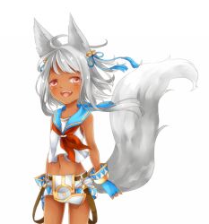  1girl animal_ears bell belt blue_gloves blue_ribbon blue_sailor_collar blush brown_belt commentary_request cowboy_shot dark-skinned_female dark_skin fingerless_gloves fox_ears fox_girl fox_tail gloves hair_bell hair_ornament hair_ribbon jingle_bell looking_at_viewer medium_hair meiko_(nattu303) midriff navel neckerchief open_mouth pelvic_curtain pink_eyes ragnarok_online red_neckerchief ribbon sailor_collar shirt short_shorts shorts simple_background sleeveless sleeveless_shirt smile solo super_novice_(ragnarok_online) tail white_background white_shirt white_shorts 