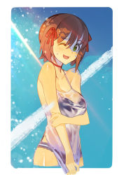 1girl ;d amami_haruka bare_shoulders black_bra black_panties bra breast_hold breasts brown_hair camisole choker cleavage cowboy_shot cropped_legs female_focus green_eyes hair_between_eyes hair_ribbon idolmaster idolmaster_(classic) large_breasts olys one_eye_closed open_mouth panties ribbon see-through_clothes shirt shirt_tug short_hair smile solo sweatdrop underwear wet wet_clothes wet_shirt  rating:Questionable score:16 user:danbooru