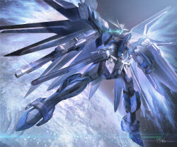  beam_rifle bilingual_commentary commentary_request energy_gun full_body glowing glowing_eyes green_eyes gun gundam gundam_seed gundam_seed_freedom highres holding holding_gun holding_shield holding_weapon lens_flare light_particles mecha mecha_focus mechanical_wings mixed-language_commentary mobile_suit moon no_humans rising_freedom_gundam robot roundel science_fiction shield signature solo space v-fin weapon wings yukishiro_chifuyu 