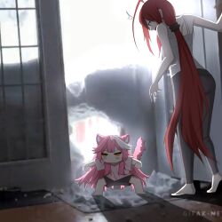  2girls absurdres chibi elizabeth_rose_bloodflame highres holojustice hololive hololive_english long_hair multiple_girls parody raora_panthera snow virtual_youtuber 