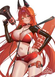  1girl absurdres antenna_hair artist_name black_choker blush breasts choker cleavage closed_mouth commentary contrapposto cowboy_shot dolphin_shorts fingernails floating_hair goddess_of_victory:_nikke hair_between_eyes hand_on_own_hip hand_up highres holding holding_megaphone horns large_breasts long_hair long_sleeves looking_at_viewer mechanical_horns megaphone micro_shorts nail_polish navel o-ring o-ring_choker pinky_out pouch pudding_only red_hair red_hood_(nikke) red_nails red_shorts shorts shrug_(clothing) simple_background skindentation sleeves_past_wrists smile solo standing thigh_pouch thigh_strap very_long_fingernails very_long_hair whistle whistle_around_neck white_background yellow_eyes 