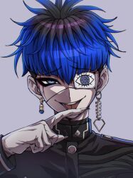1boy black_hair blue_eyes blue_hair earrings eyepatch gloves hair_between_eyes jewelry looking_at_viewer male_focus matching_hair/eyes multicolored_hair omokage_yugamu one_eye_covered portrait simple_background solo teeth the_hundred_line_-last_defense_academy- tongue tongue_out upper_teeth_only white_gloves