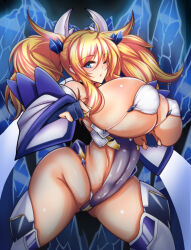  1girl bare_shoulders blonde_hair blue_eyes bouncing_breasts breasts cowboy_shot detached_sleeves huge_breasts legs_apart leotard linea_alba one_eye_closed onizaki_kirara parted_lips sibanekohg sidelocks skin_tight solo taimanin_(series) taimanin_rpgx thong_leotard twintails wide_sleeves wink  rating:Questionable score:6 user:POLTATO