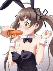 ahoge animal_ears bare_shoulders black_bow black_bowtie blush bow bowtie breasts brown_hair carrot collarbone commentary_request cuffs detached_collar fake_animal_ears feeding force-feeding hair_ribbon hakozaki_serika handcuffs haruna_mao idolmaster idolmaster_million_live! leotard long_hair orange_eyes out_of_frame oversized_clothes playboy_bunny rabbit_ears rabbit_tail ribbon simple_background small_breasts solo tail twintails upper_body w_arms white_background rating:Sensitive score:35 user:danbooru