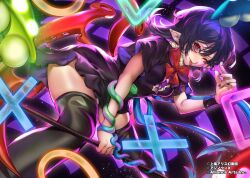  1girl asymmetrical_wings black_background black_dress black_hair black_nails black_thighhighs blue_wings bow bowtie breasts buttons center_frills closed_mouth dress feet_out_of_frame fingernails frills holding holding_polearm holding_weapon houjuu_nue looking_at_viewer official_art one_eye_closed pointy_ears polearm red_bow red_bowtie red_eyes red_wings short_dress short_hair short_sleeves small_breasts smile solo thighhighs tongue tongue_out touhou touhou_danmaku_kagura weapon wings wristband yamazaki_tsukune 