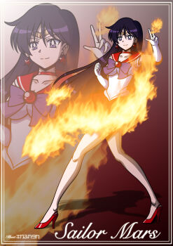  1girl absurdres bishoujo_senshi_sailor_moon black_hair blonde_hair bow choker circlet earrings elbow_gloves fire gloves high_heels highres hino_rei jewelry kiga-furetaka long_hair looking_at_viewer multiple_girls pleated_skirt purple_eyes red_sailor_collar red_shoes red_skirt sailor_collar sailor_mars sailor_senshi_uniform shoes skirt smile solo star_(symbol) star_earrings white_gloves 