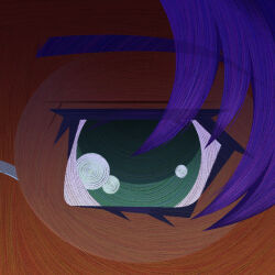  1girl close-up commentary cryptidhermit dark-skinned_female dark_skin english_commentary eye_focus eyelashes eyes_visible_through_hair faux_traditional_media glasses green_eyes highres himemiya_anthy looking_at_viewer purple_hair rimless_eyewear shoujo_kakumei_utena solo 