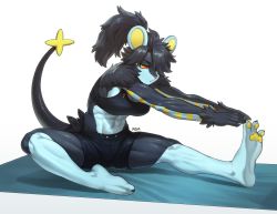 1girl abs animal_ears animal_feet animal_nose artist_name barefoot bike_shorts black_fur black_hair blue_fur body_fur breasts claws cleavage colored_sclera commission feet female_focus furry furry_female gen_4_pokemon hair_over_one_eye half-closed_eyes highres large_breasts leaning_forward legs lightning_bolt_symbol long_hair looking_at_viewer luxray mature_female midriff multicolored_fur navel nintendo one_eye_covered outstretched_arms own_hands_together parted_lips pawpads personification pgm300 pokemon pokemon_(creature) ponytail red_sclera rug sidelocks signature simple_background sitting snout soles solo sports_bra spread_legs stomach stretching tail tail_raised teeth thighs toes toned touching_toes white_background yellow_eyes yellow_fur rating:Sensitive score:52 user:AngryZapdos