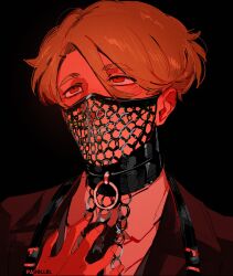  1boy armor averting_eyes black_coat blonde_hair chainmail coat commentary double-parted_bangs elliot_(par0llel) hair_between_eyes hand_up highres male_focus mask o-ring_collar open_mouth original par0llel red_theme rolling_eyes shirt short_hair solo suspenders symbol-only_commentary white_shirt 