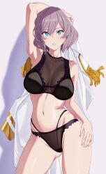  1girl black_bra blue_eyes blush bra breasts brown_hair gridman_universe highres holding_cloth jacket large_breasts lingerie looking_at_viewer military_jacket mujina panties short_hair solo ssss.dynazenon thighs underwear wakusei-planet white_jacket  rating:Sensitive score:23 user:danbooru