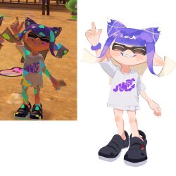  1girl arm_up black_shoes closed_eyes game_screenshot_inset hair_horns hair_ornament highres inkling inkling_girl inkling_player_character long_hair multiple_views nintendo pointy_ears print_shirt purple_hair ramupi_122 reference_inset shirt shoes simple_background smile splatoon_(series) splatoon_3 standing teeth tentacle_hair white_background white_shirt x_hair_ornament 