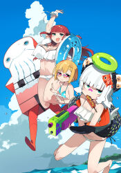  1other 3girls :3 absurdres arm_up bandaid bandaid_on_face bandaid_on_nose bikini bikini_day blonde_hair blue_bikini blue_sky blunt_bangs blush breasts bun_cover cloud collar commentary_request corn_dog cumulonimbus_cloud double_bun double_v fang fish_hair_ornament food_in_mouth grey_hair hair_bun hair_ornament heart heart-shaped_eyewear highres holding holding_water_gun innertube jitome kirara_jump kometsubu large_breasts looking_at_viewer mascot_costume midair mouth_hold multiple_girls navel original red_hair skin_fang sky swim_ring swimsuit v water_gun white_bikini 
